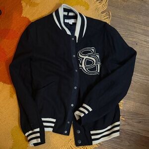 Spiritual Gangster Navy Varsity Jacket with beige cream Trim